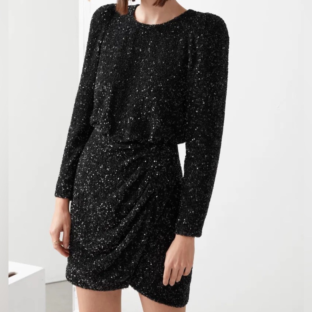 & Other Stories Padded Shoulder Sequin long sleeve dress